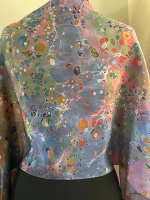 Blue multi colored stone shawl. .  Crepe de chine 72x22” bold fun. This beautiful silk makes a unique dresser cover and scarf