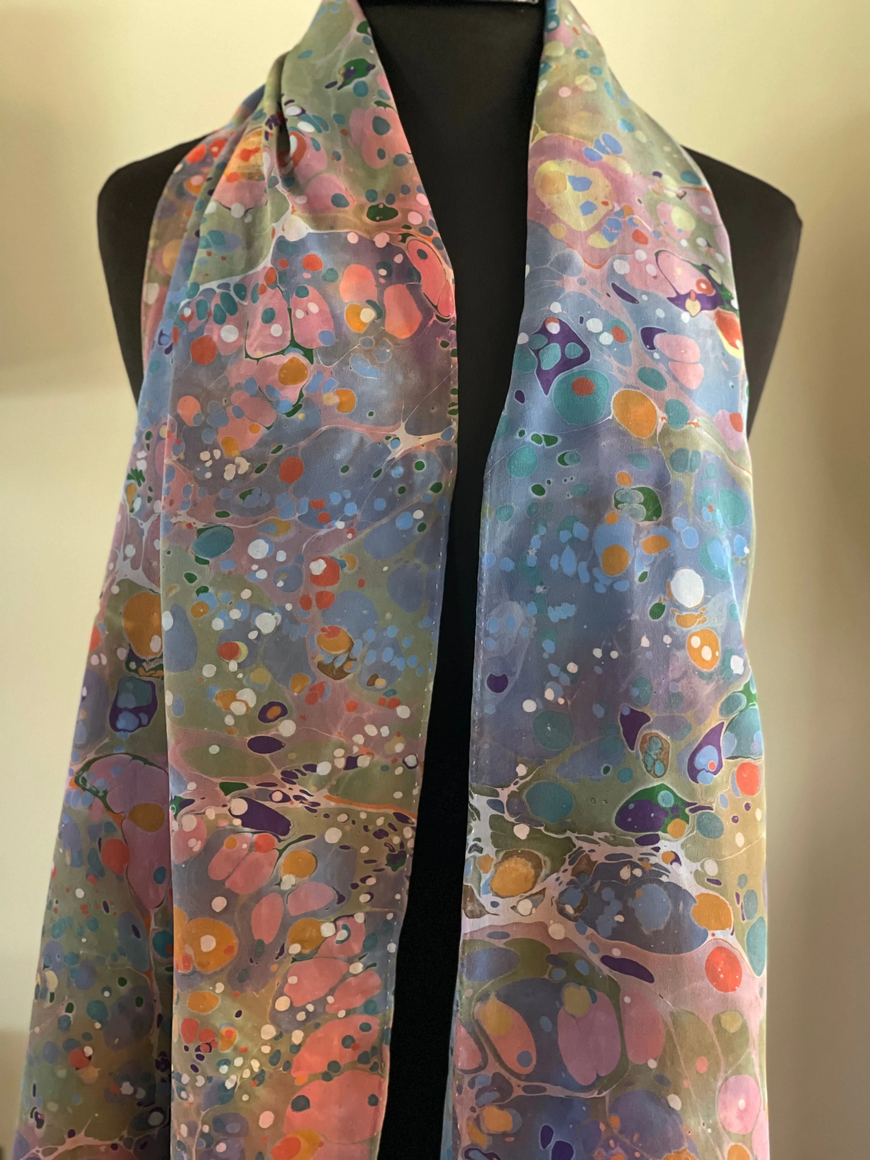 Blue multi colored stone shawl. .  Crepe de chine 72x22” bold fun. This beautiful silk makes a unique dresser cover and scarf