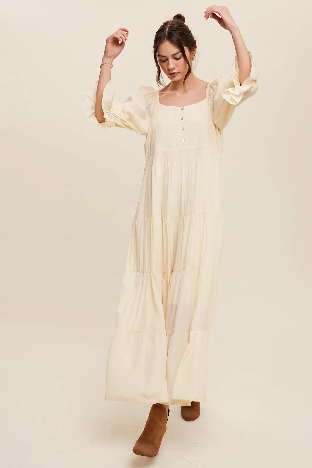 Boho Flowy Button Front Tiered Maxi Dress