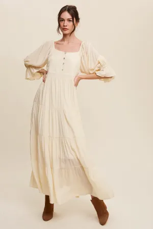 Boho Flowy Button Front Tiered Maxi Dress