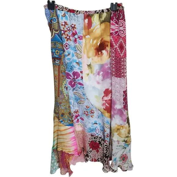 Boho Tiered Maxi Skirt Women's L‎ Silk Patchwork Fairy Hippie Whimsigoth Gypsy