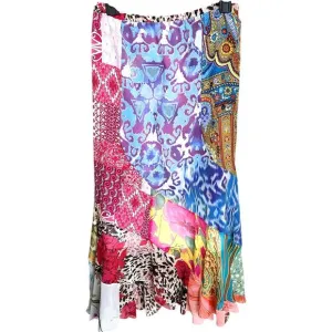 Boho Tiered Maxi Skirt Women's L‎ Silk Patchwork Fairy Hippie Whimsigoth Gypsy