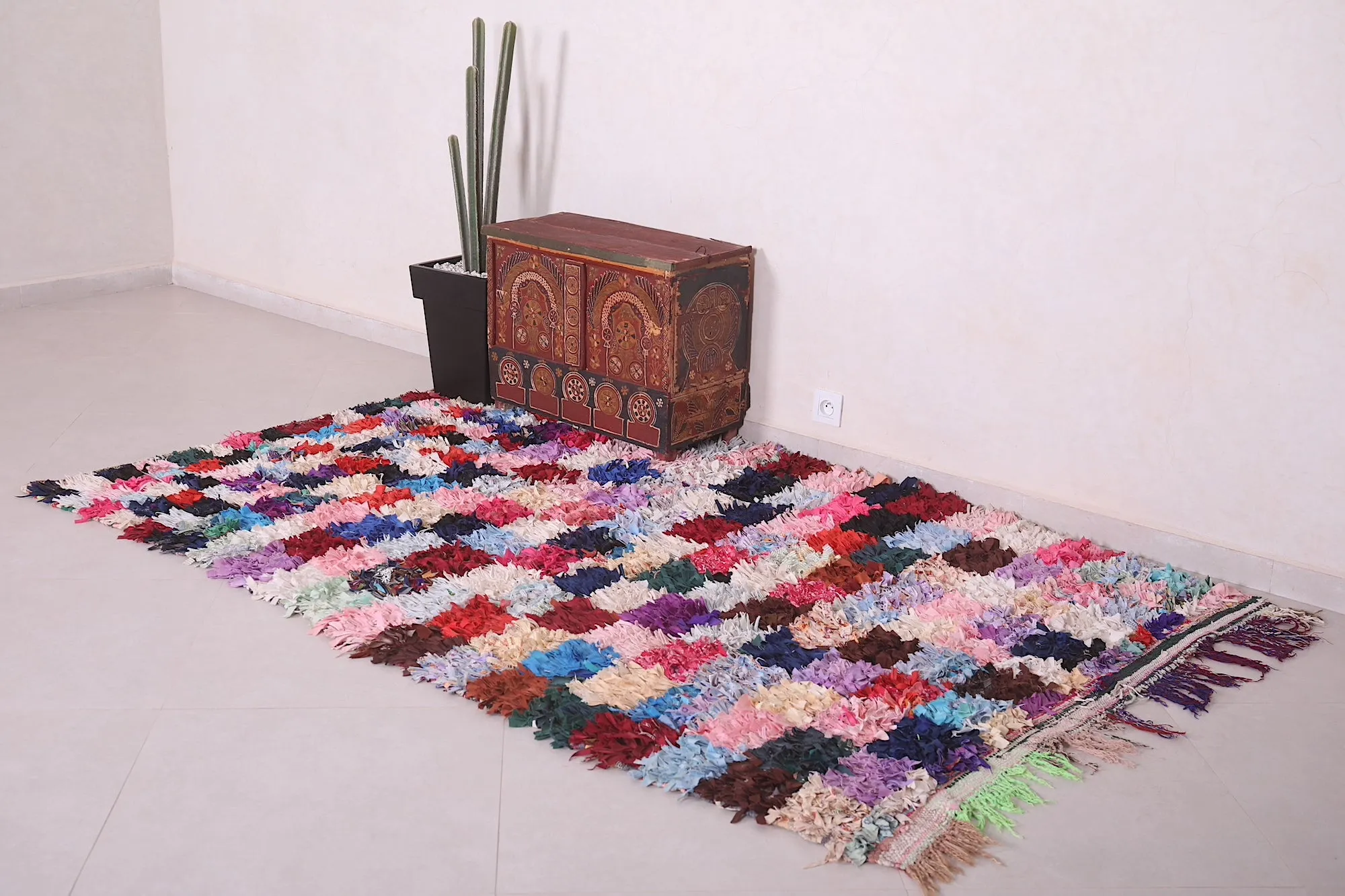 Boucherouite Checkered Rug 5 x 7.9 Feet - Vibrant Moroccan Decor