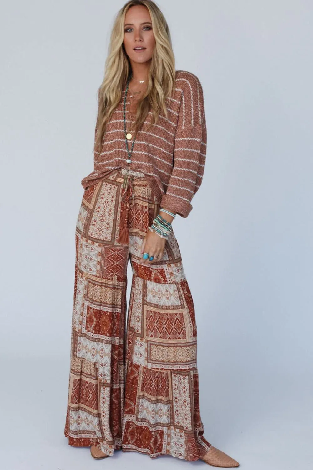 Brown Boho Print Tiered Palazzo Pants