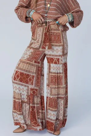 Brown Boho Print Tiered Palazzo Pants