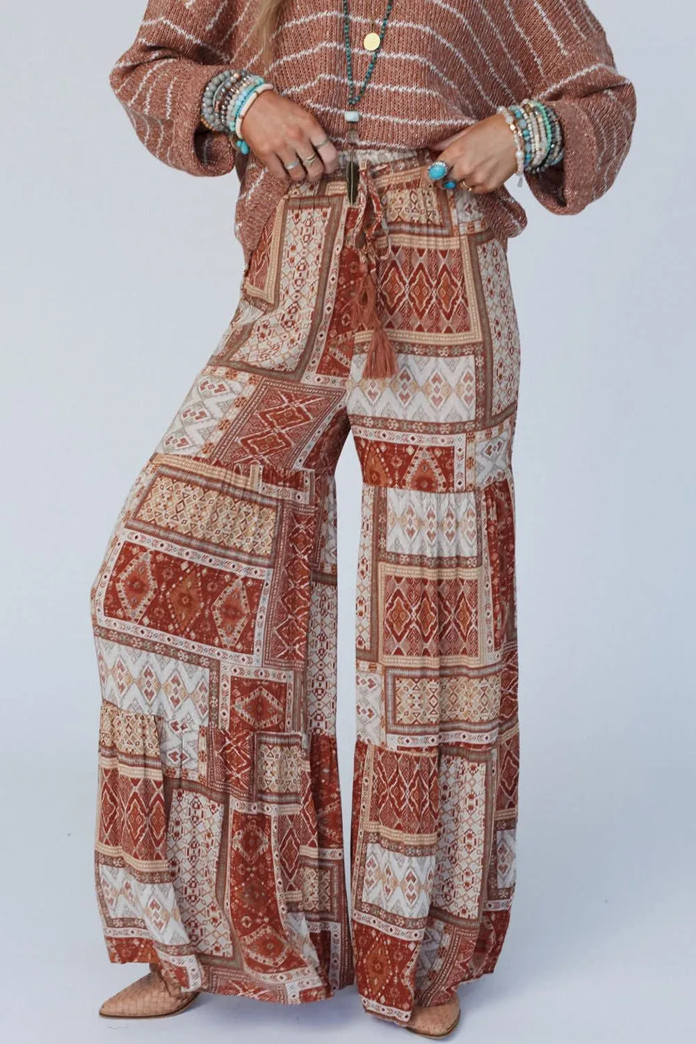 Brown Boho Print Tiered Palazzo Pants
