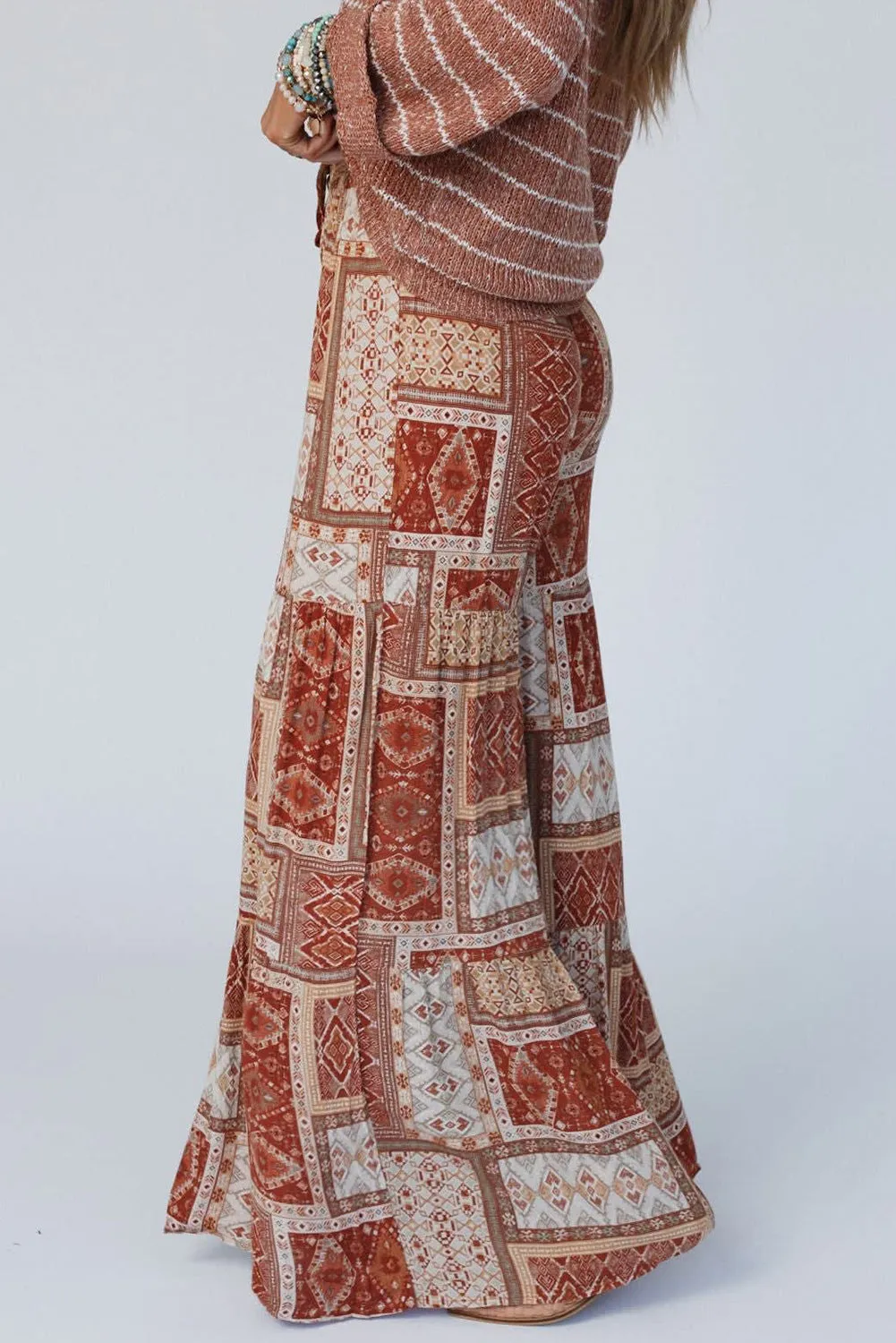 Brown Boho Print Tiered Palazzo Pants