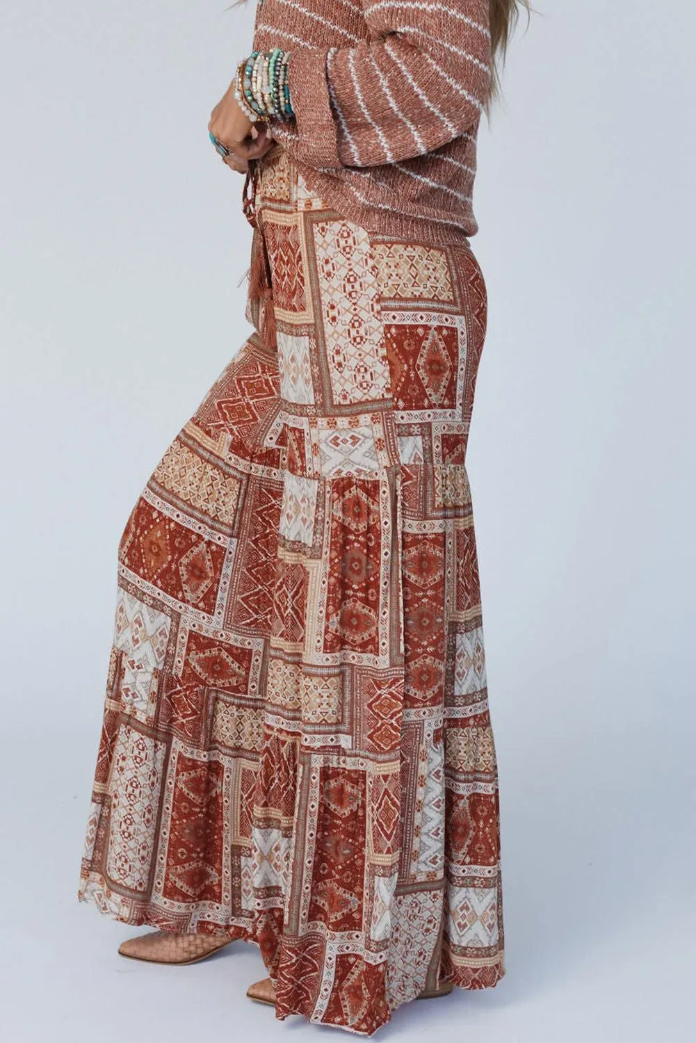 Brown Boho Print Tiered Palazzo Pants