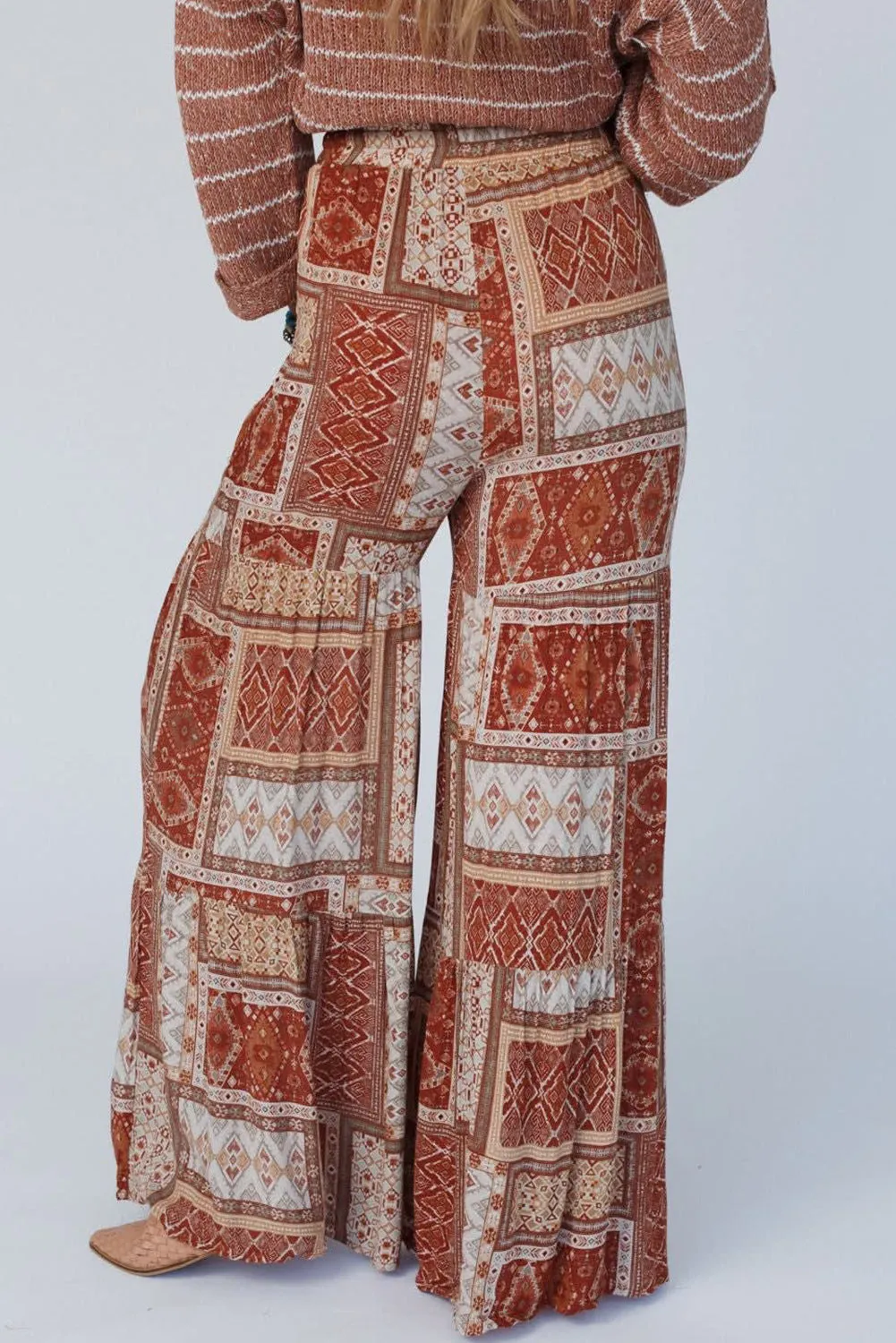 Brown Boho Print Tiered Palazzo Pants