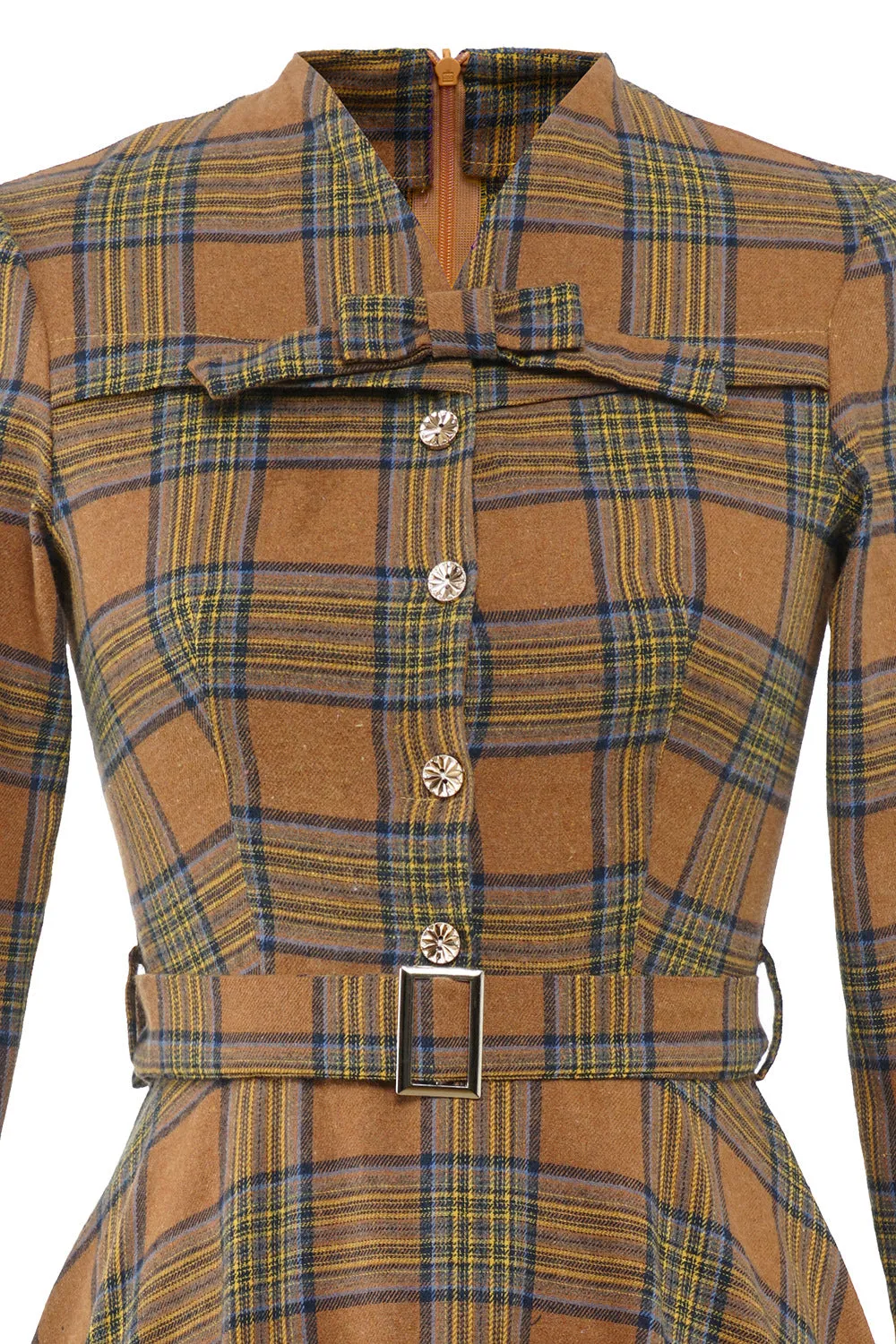 Brown Plaid BowKnot 3/4 Sleeve 1950S Vintage Dress With Button