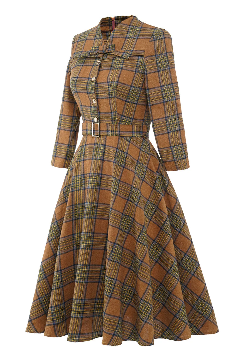 Brown Plaid BowKnot 3/4 Sleeve 1950S Vintage Dress With Button