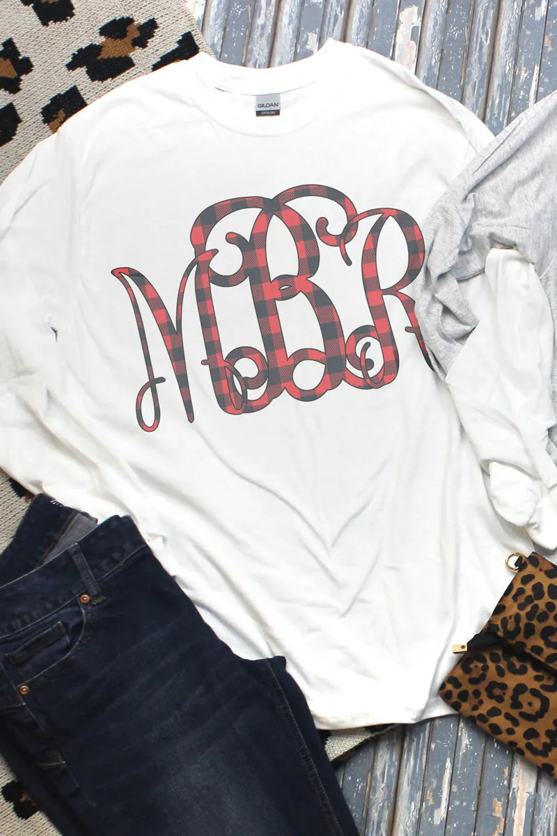 Buffalo Plaid Vine Monogram DryBlend Adult Long Sleeve Tee