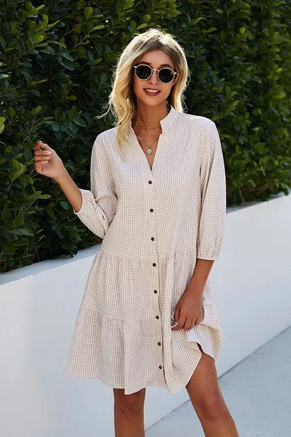 Button Front Vneck Tiered Dress