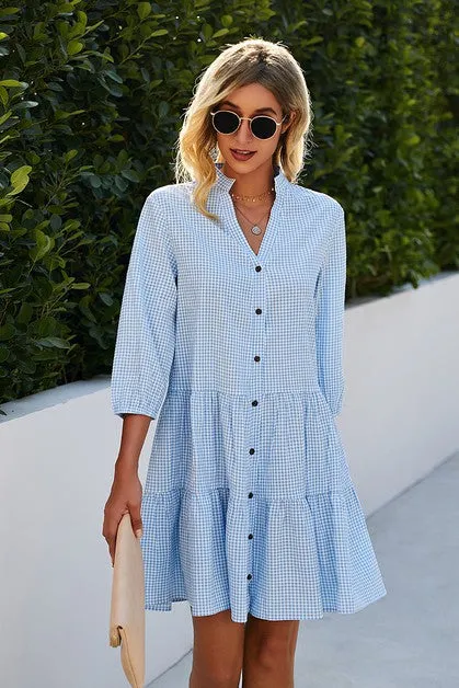 Button Front Vneck Tiered Dress