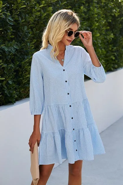 Button Front Vneck Tiered Dress