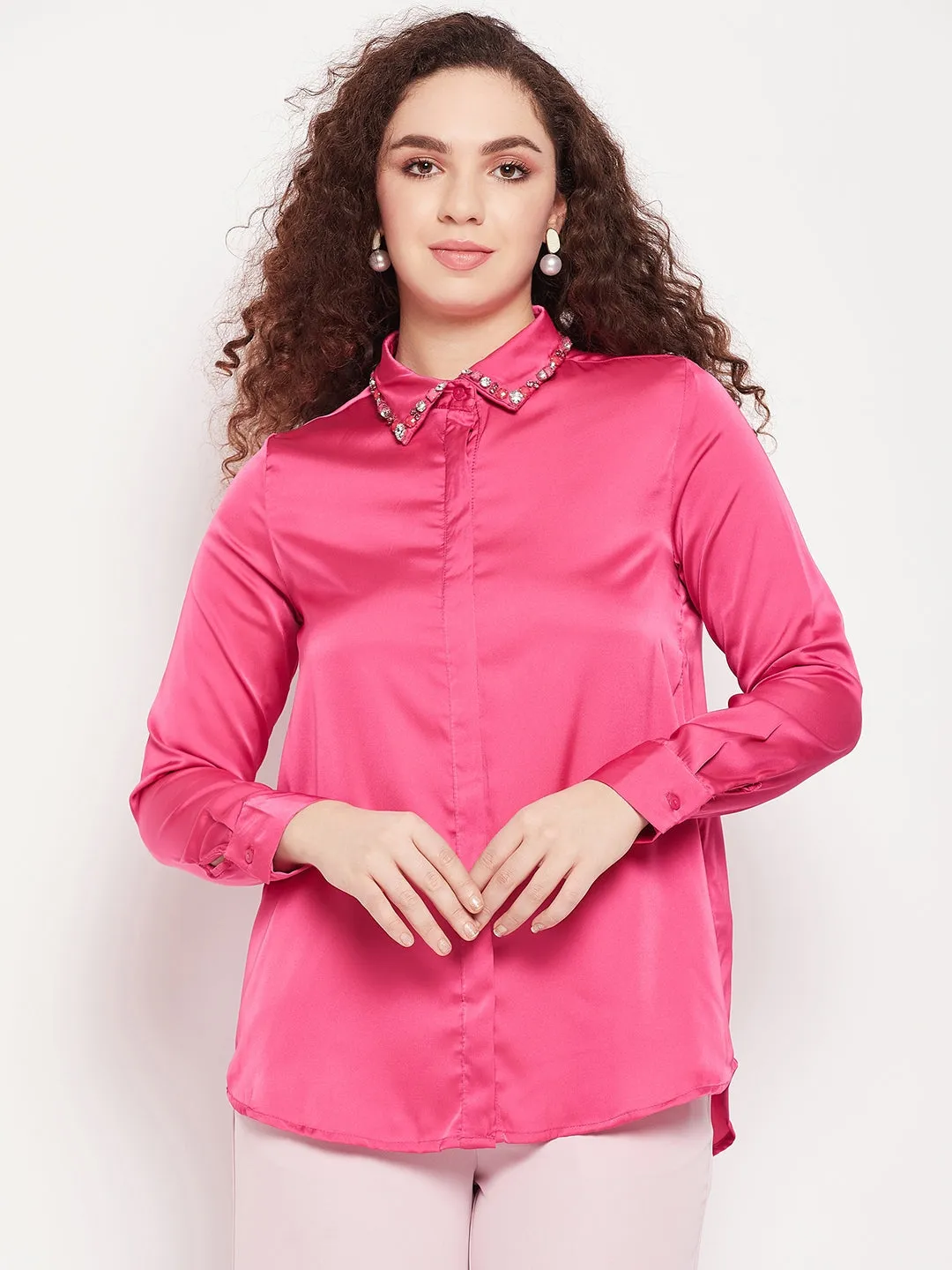 Camla Barcelona Embellished Collar Full Sleeve Pink Satin Shirt
