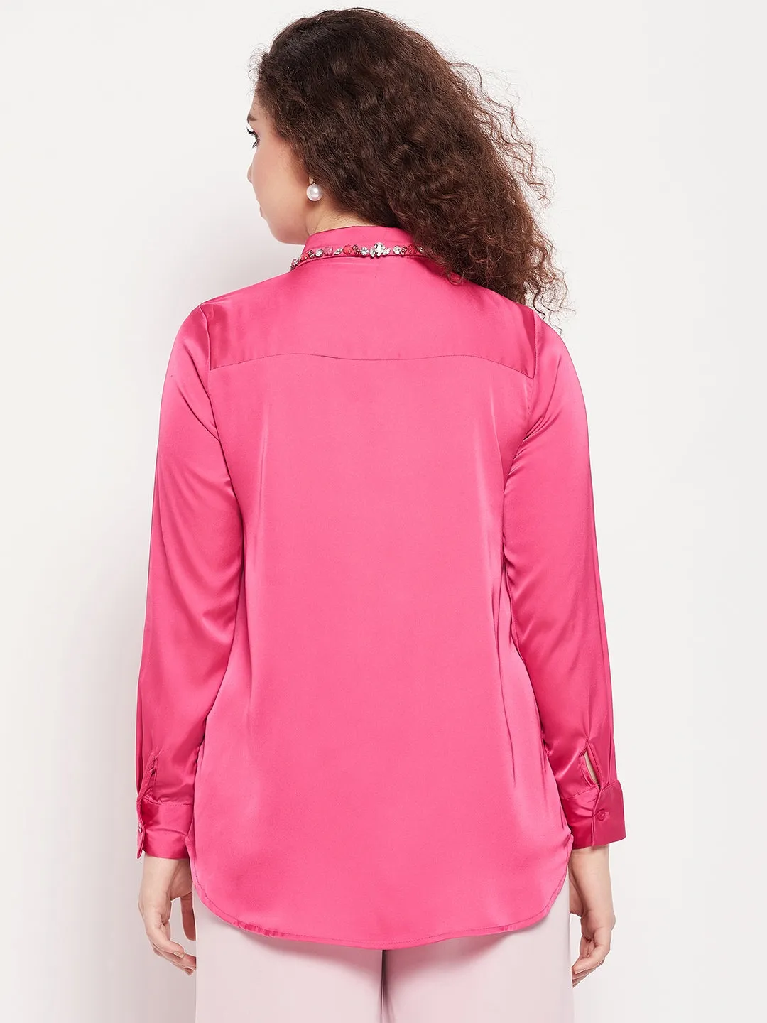 Camla Barcelona Embellished Collar Full Sleeve Pink Satin Shirt