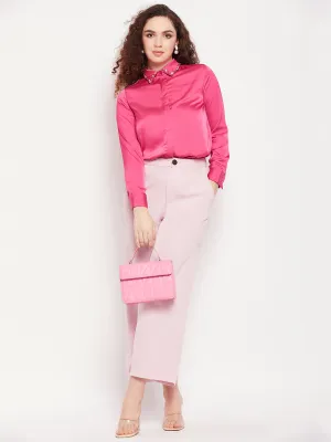 Camla Barcelona Embellished Collar Full Sleeve Pink Satin Shirt