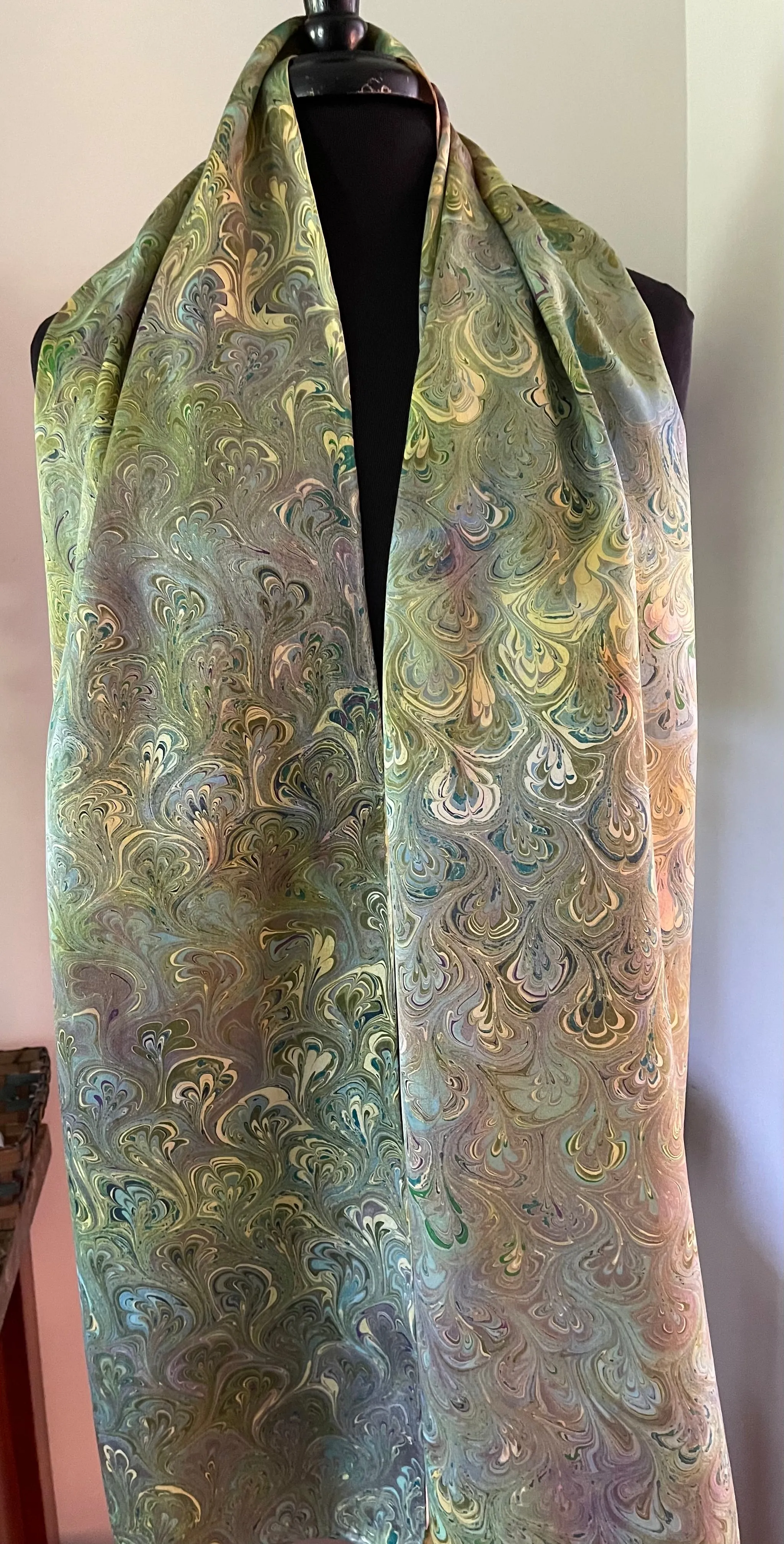 Chartreuse bouquet Charmeuse  Silk 72x14” bold fun. This beautiful silk makes a unique dresser cover and scarf