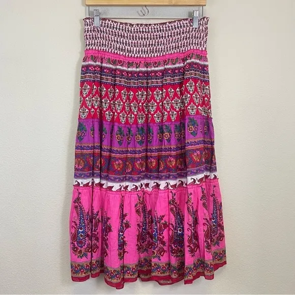 Chaudry KC Floral Tiered Boho Chic A Line Midi Skirt Size M