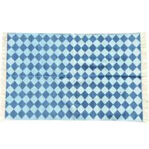 Checkers Organic Vegetable Dyed Indian Dhurrie Reversible Cotton Rug - Blue