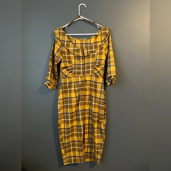 Collectif Cheyenne Moonhill Check 50’s Pencil Dress Mustard Small