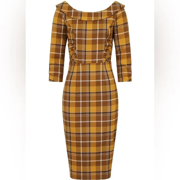 Collectif Cheyenne Moonhill Check 50’s Pencil Dress Mustard Small