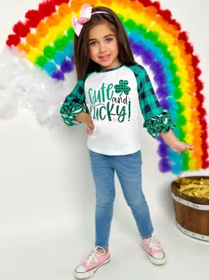 Cute and Lucky Plaid Raglan Ruffle Top