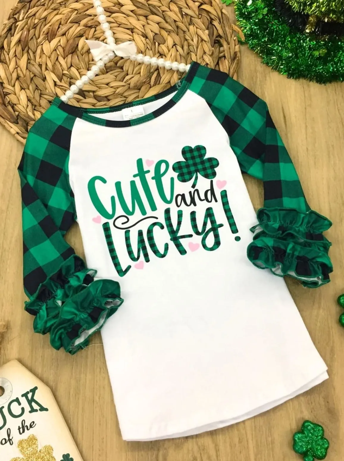 Cute and Lucky Plaid Raglan Ruffle Top