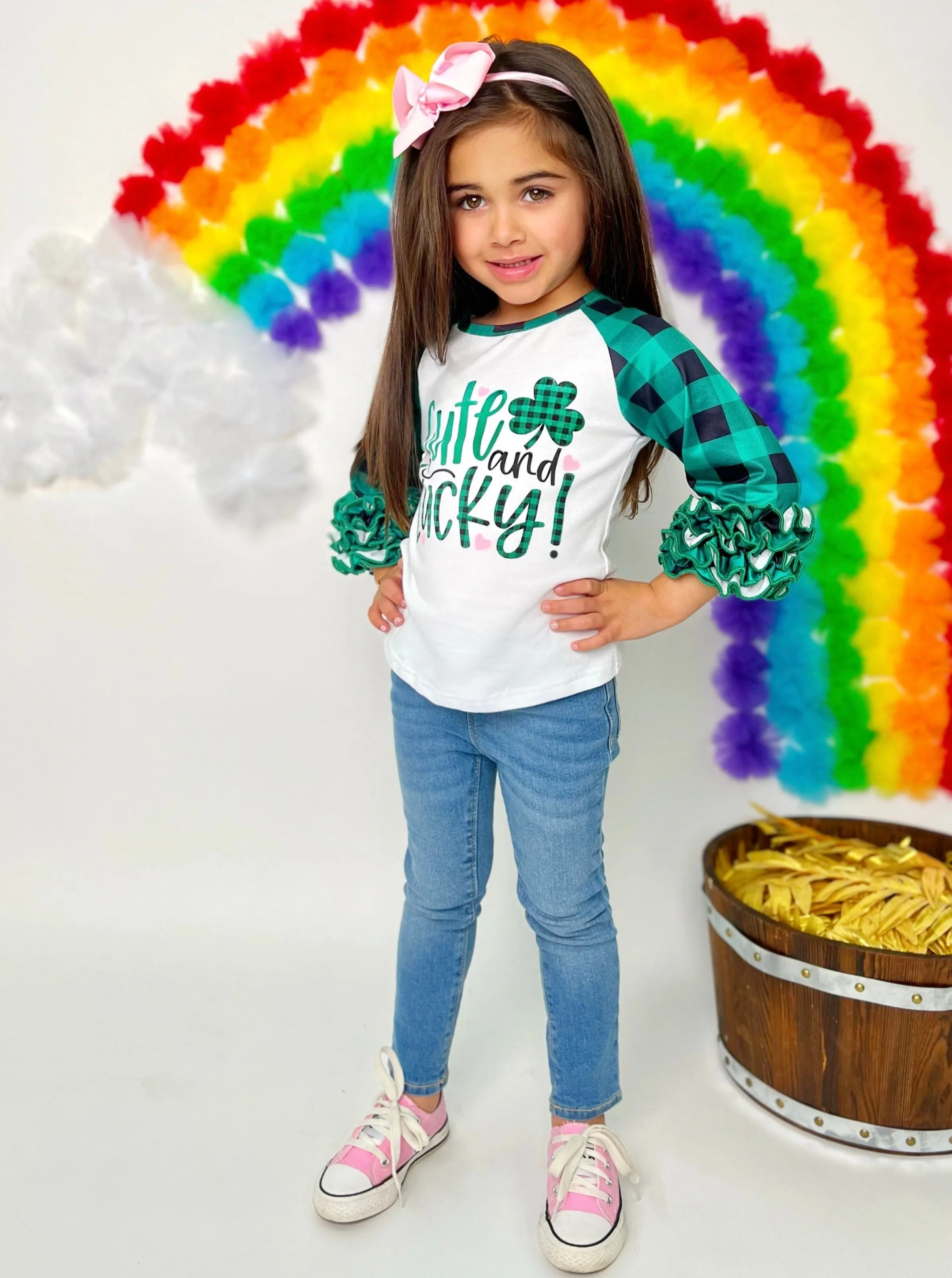 Cute and Lucky Plaid Raglan Ruffle Top