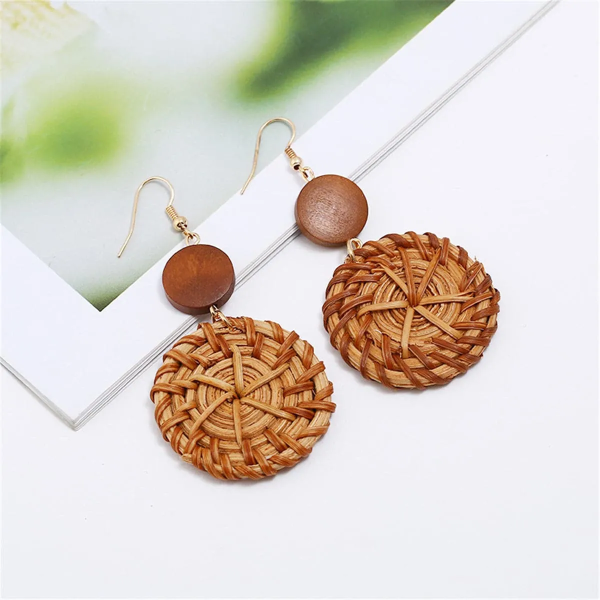 Dark Wood & Rattan Round Drop Earrings