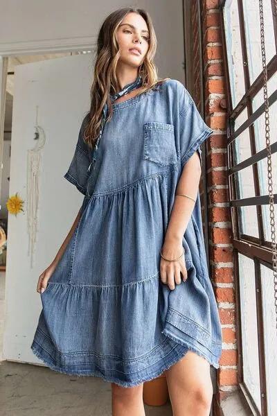 Denim Rush Washed Chambray Denim Oversized Tier Mini Dress