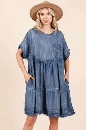 Denim Rush Washed Chambray Denim Oversized Tier Mini Dress