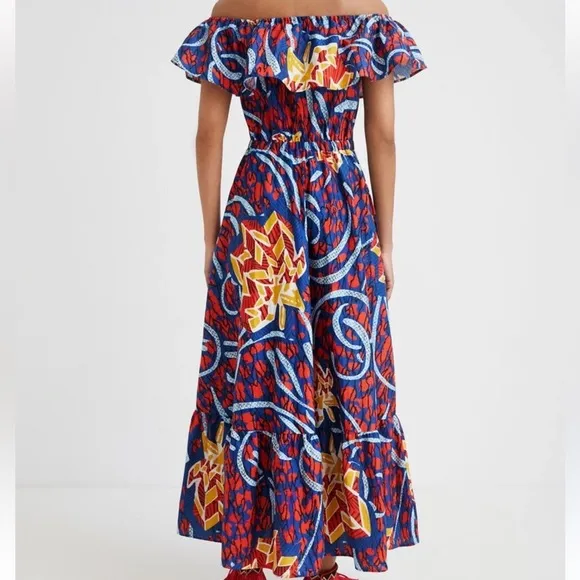 Desigual Stella Jean Ruffled Midi Dress Size S Boho Bohemian Tribal