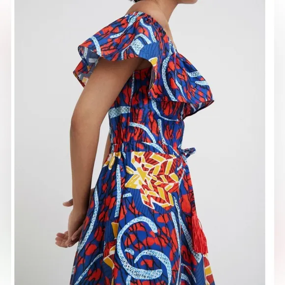 Desigual Stella Jean Ruffled Midi Dress Size S Boho Bohemian Tribal