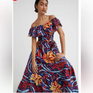 Desigual Stella Jean Ruffled Midi Dress Size S Boho Bohemian Tribal