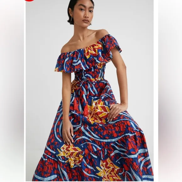 Desigual Stella Jean Ruffled Midi Dress Size S Boho Bohemian Tribal