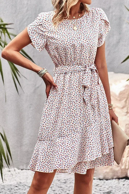 Ditsy Floral Tie Waist Ruffled Dress
