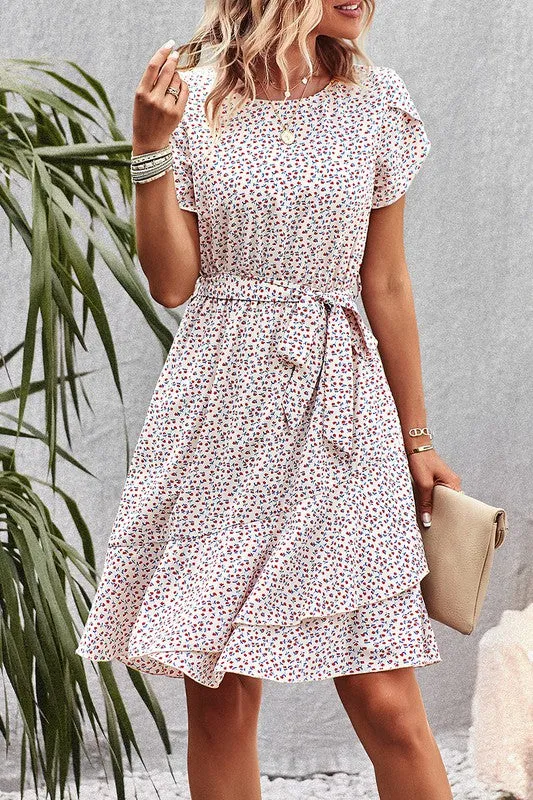 Ditsy Floral Tie Waist Ruffled Dress