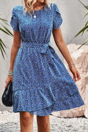 Ditsy Floral Tie Waist Ruffled Dress