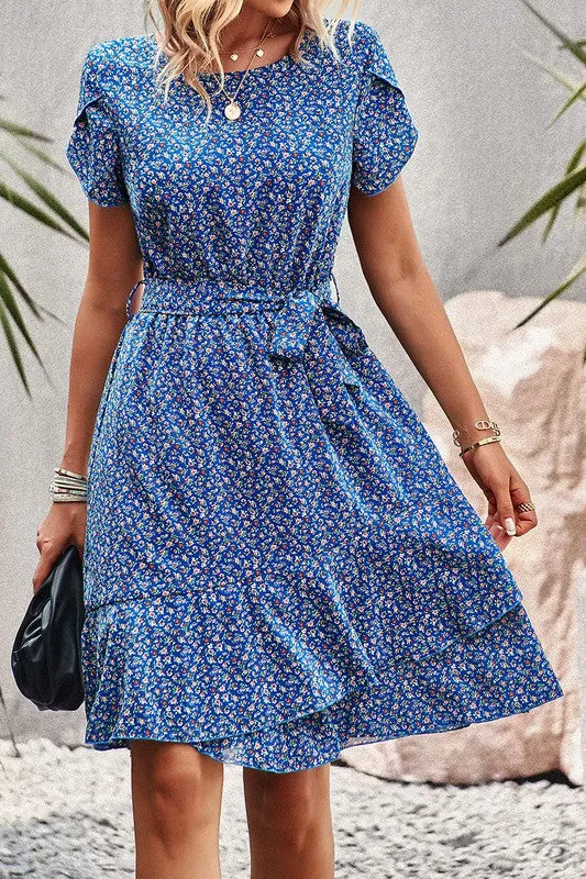 Ditsy Floral Tie Waist Ruffled Dress