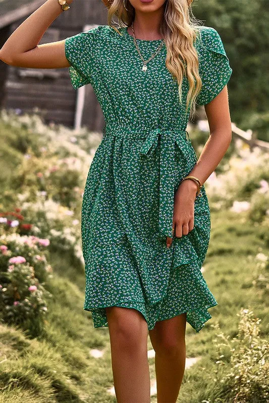 Ditsy Floral Tie Waist Ruffled Dress