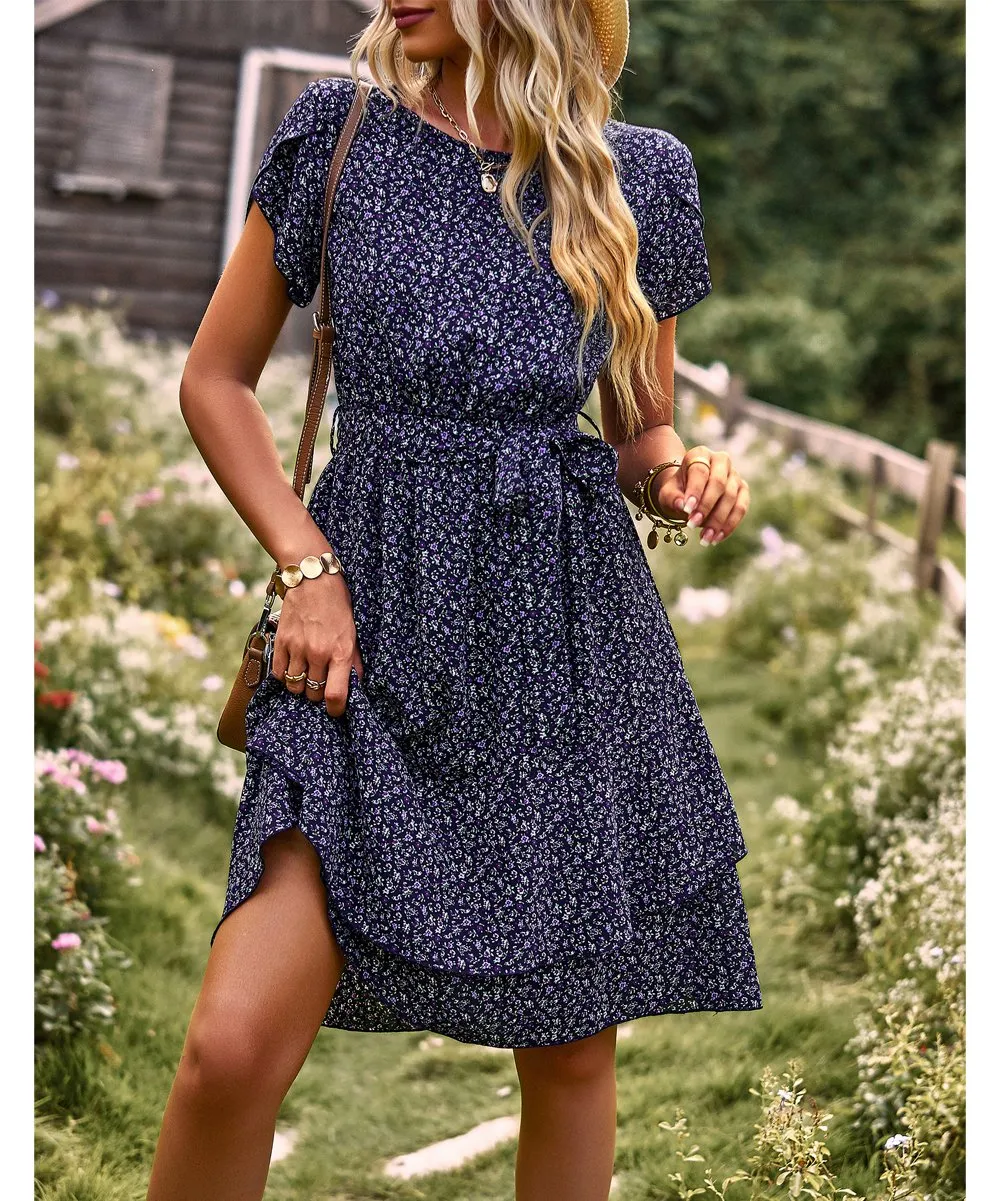 Ditsy Floral Tie Waist Ruffled Dress