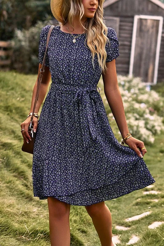 Ditsy Floral Tie Waist Ruffled Dress