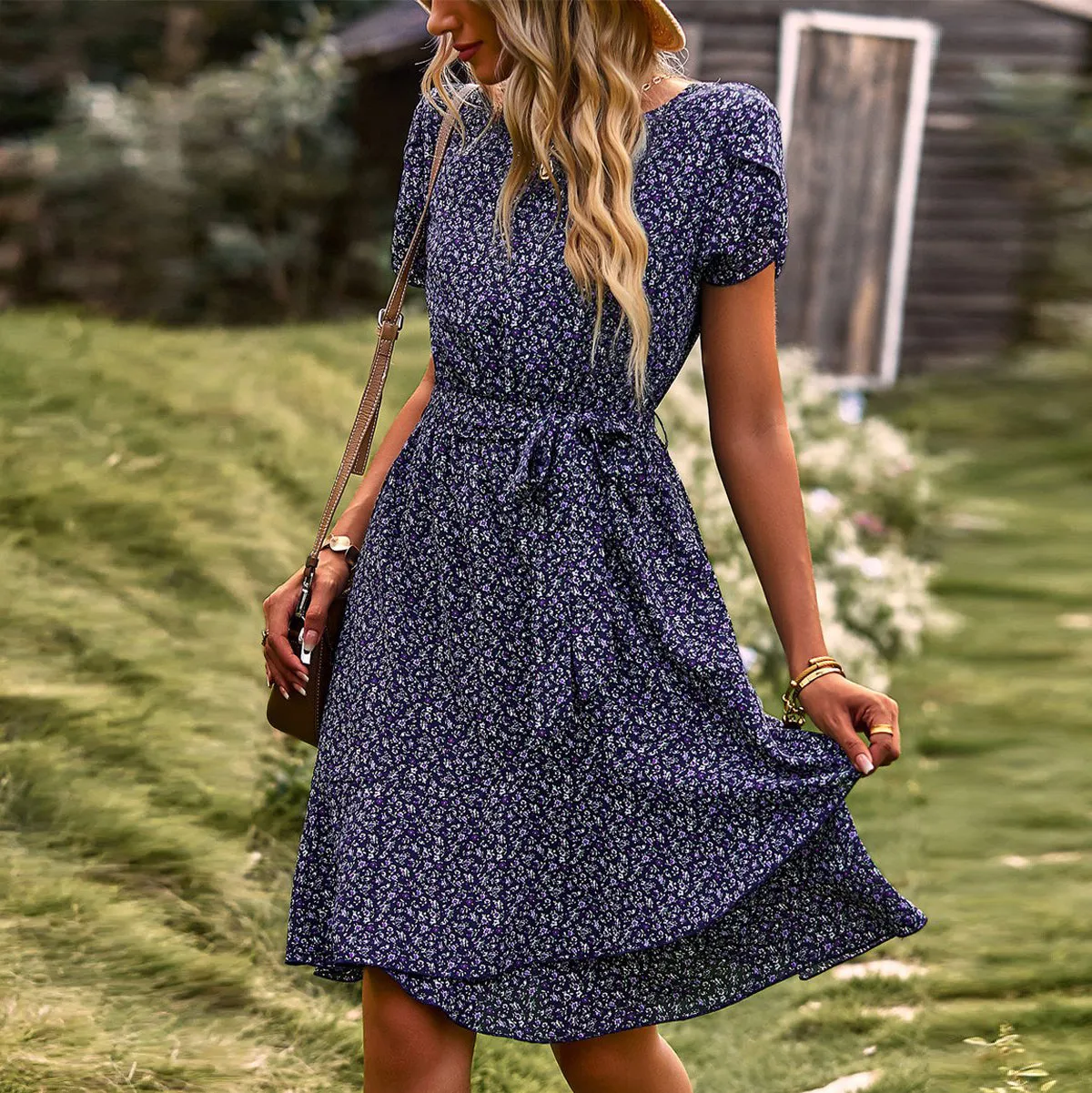 Ditsy Floral Tie Waist Ruffled Dress