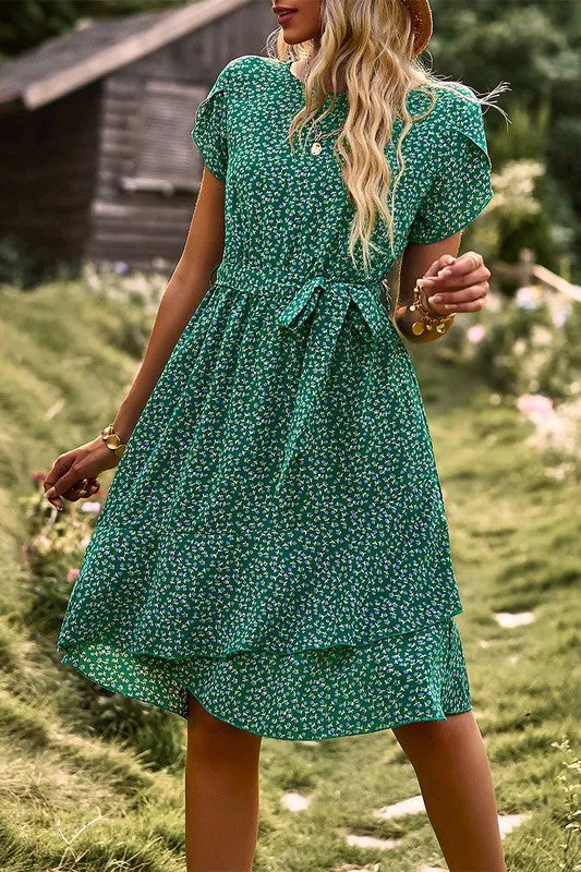 Ditsy Floral Tie Waist Ruffled Dress