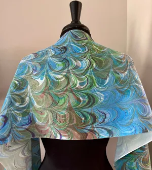 Double marbled blue green brown  Charmeuse  Silk 72x14” bold fun. This beautiful silk makes a unique dresser cover and scarf