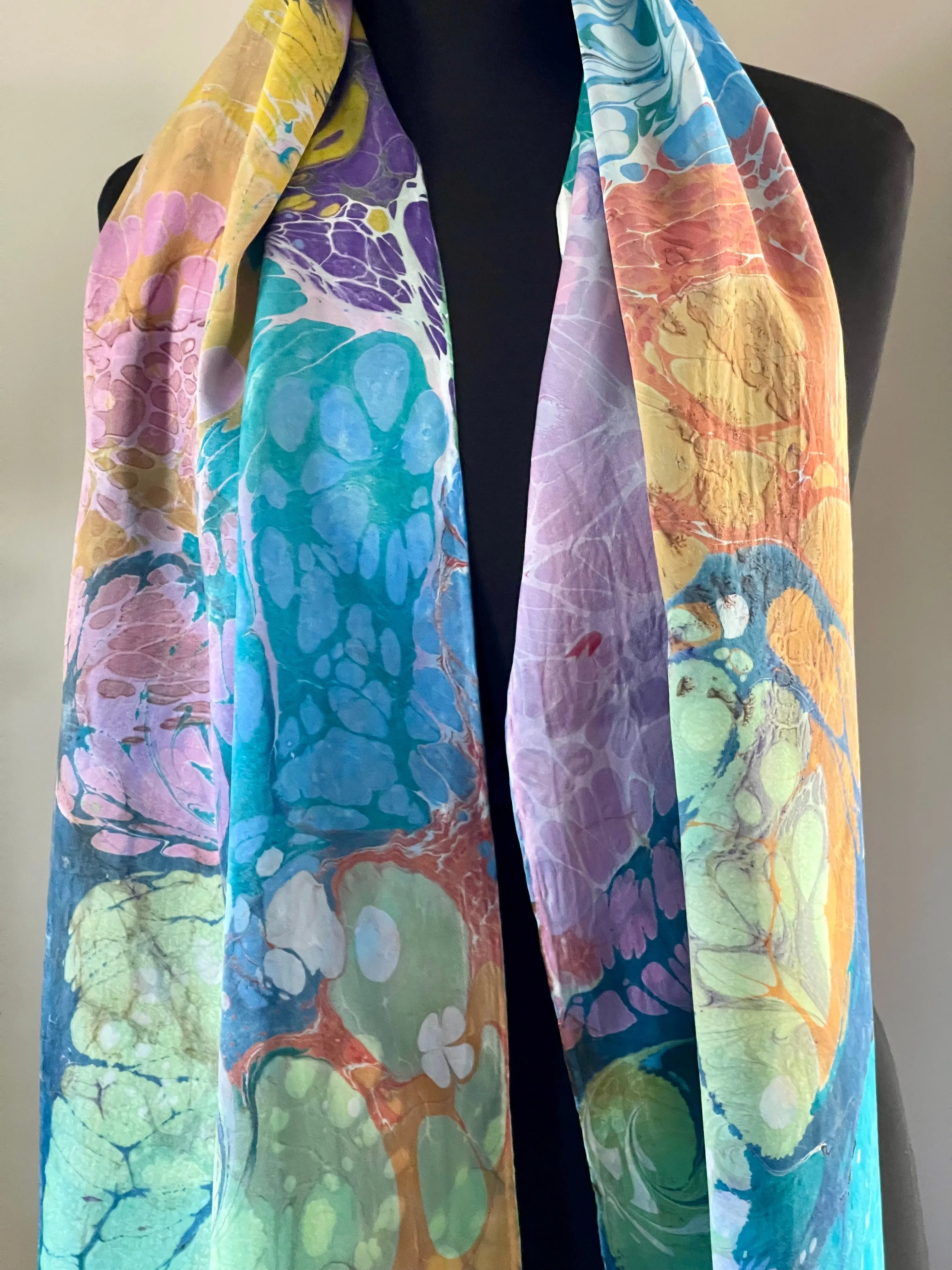 Double sided Garden Charmeuse Silk 72x14” bold fun. This beautiful silk makes a  unique dresser cover and scarf .