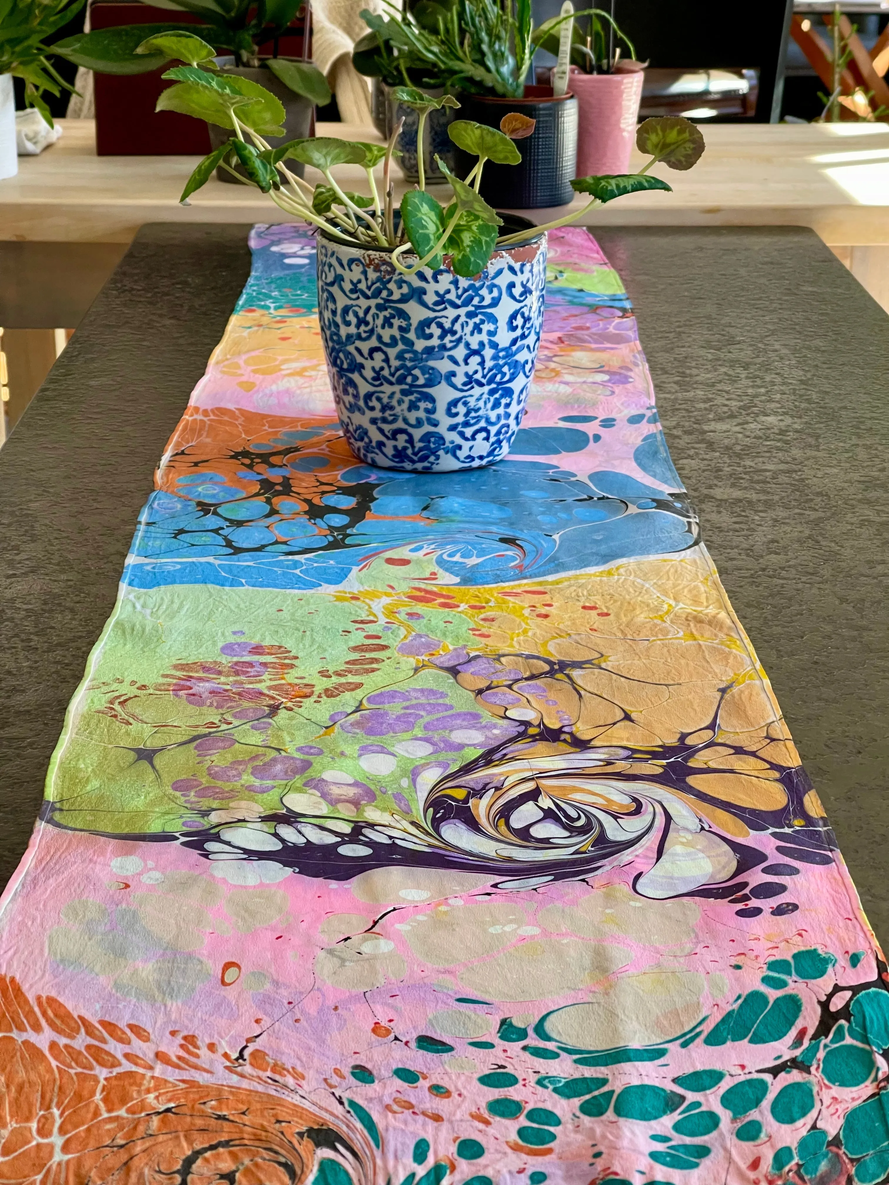 Double sided Garden Charmeuse Silk 72x14” bold fun. This beautiful silk makes a  unique dresser cover and scarf .