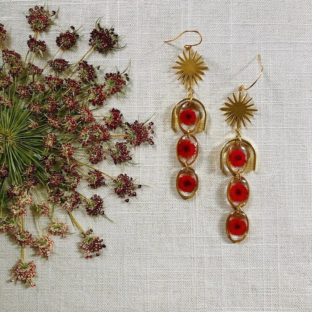 Dried Flower Handmade Resin Earrings, Pressed Botanical Earrings,Real Flower Earrings,Three Tiered Apricot Flowers